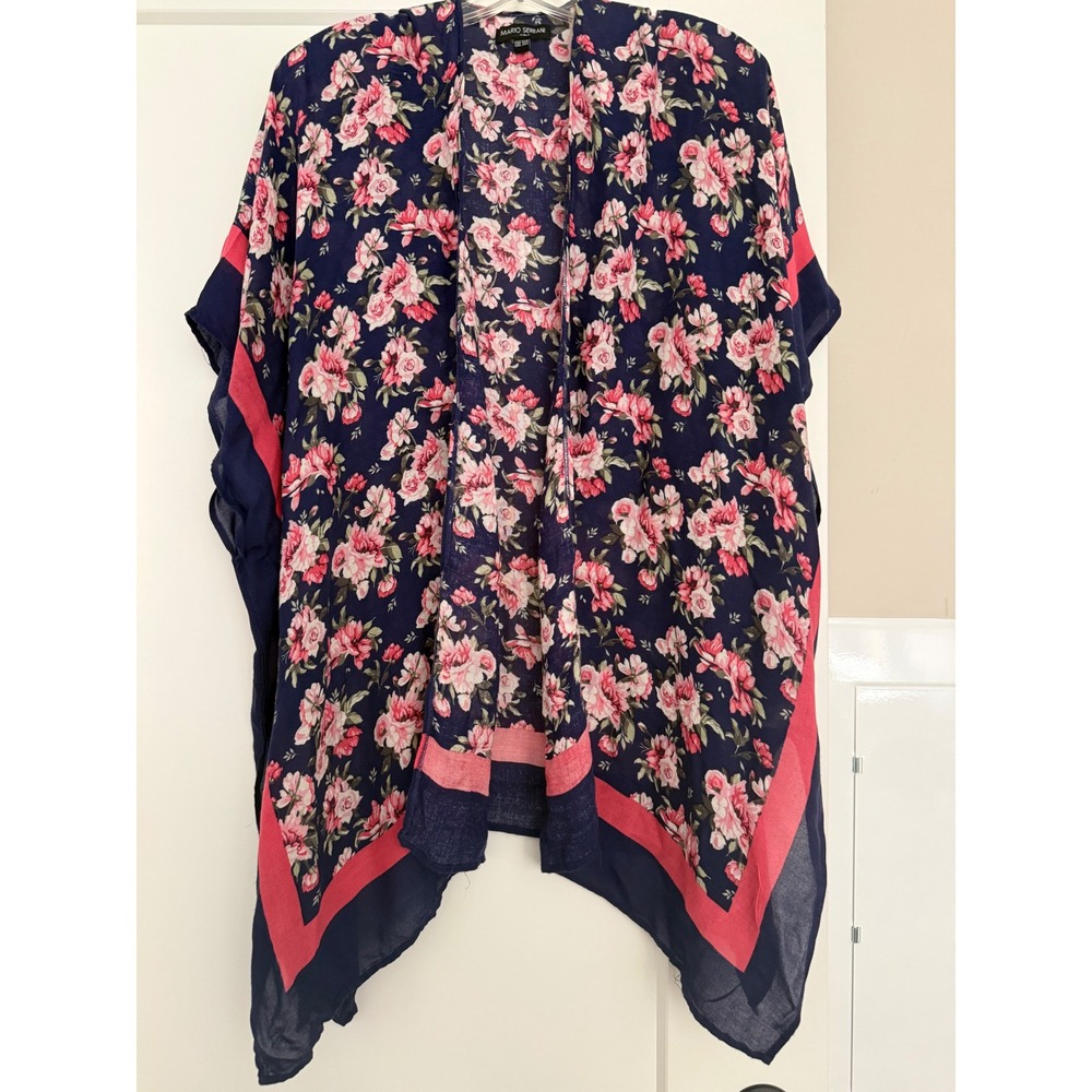 Mario Serrani Italy Floral Kimono Wrap Navy Pink Rose Print One Size Layering
